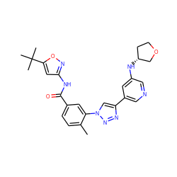 Cc1ccc(C(=O)Nc2cc(C(C)(C)C)on2)cc1-n1cc(-c2cncc(N[C@@H]3CCOC3)c2)nn1 ZINC000199367555