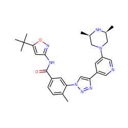 Cc1ccc(C(=O)Nc2cc(C(C)(C)C)on2)cc1-n1cc(-c2cncc(N3C[C@H](C)N[C@H](C)C3)c2)nn1 ZINC000224277587