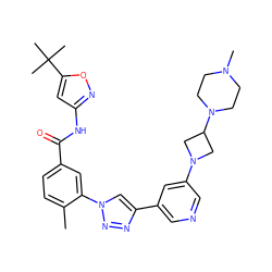 Cc1ccc(C(=O)Nc2cc(C(C)(C)C)on2)cc1-n1cc(-c2cncc(N3CC(N4CCN(C)CC4)C3)c2)nn1 ZINC000224277507