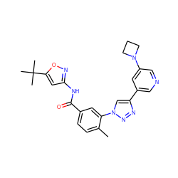 Cc1ccc(C(=O)Nc2cc(C(C)(C)C)on2)cc1-n1cc(-c2cncc(N3CCC3)c2)nn1 ZINC000224830742