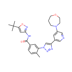 Cc1ccc(C(=O)Nc2cc(C(C)(C)C)on2)cc1-n1cc(-c2cncc(N3CCCOCC3)c2)nn1 ZINC000199368481