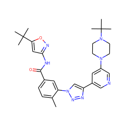 Cc1ccc(C(=O)Nc2cc(C(C)(C)C)on2)cc1-n1cc(-c2cncc(N3CCN(C(C)(C)C)CC3)c2)nn1 ZINC000199366402