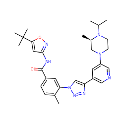 Cc1ccc(C(=O)Nc2cc(C(C)(C)C)on2)cc1-n1cc(-c2cncc(N3CCN(C(C)C)[C@H](C)C3)c2)nn1 ZINC000199372142