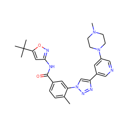 Cc1ccc(C(=O)Nc2cc(C(C)(C)C)on2)cc1-n1cc(-c2cncc(N3CCN(C)CC3)c2)nn1 ZINC000199365360