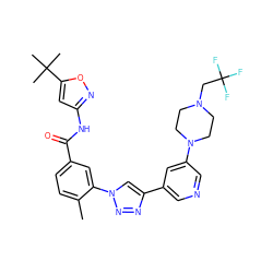 Cc1ccc(C(=O)Nc2cc(C(C)(C)C)on2)cc1-n1cc(-c2cncc(N3CCN(CC(F)(F)F)CC3)c2)nn1 ZINC000199372042