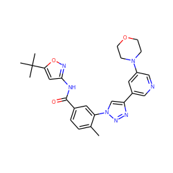 Cc1ccc(C(=O)Nc2cc(C(C)(C)C)on2)cc1-n1cc(-c2cncc(N3CCOCC3)c2)nn1 ZINC000199374500