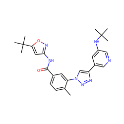 Cc1ccc(C(=O)Nc2cc(C(C)(C)C)on2)cc1-n1cc(-c2cncc(NC(C)(C)C)c2)nn1 ZINC000199367589