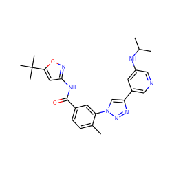Cc1ccc(C(=O)Nc2cc(C(C)(C)C)on2)cc1-n1cc(-c2cncc(NC(C)C)c2)nn1 ZINC000199368400