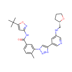 Cc1ccc(C(=O)Nc2cc(C(C)(C)C)on2)cc1-n1cc(-c2cncc(NC[C@@H]3CCCO3)c2)nn1 ZINC000224276556