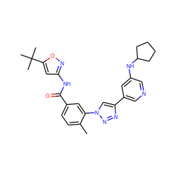 Cc1ccc(C(=O)Nc2cc(C(C)(C)C)on2)cc1-n1cc(-c2cncc(NC3CCCC3)c2)nn1 ZINC000199373341