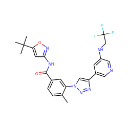 Cc1ccc(C(=O)Nc2cc(C(C)(C)C)on2)cc1-n1cc(-c2cncc(NCC(F)(F)F)c2)nn1 ZINC000199369886
