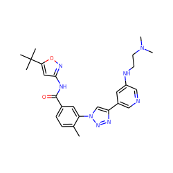 Cc1ccc(C(=O)Nc2cc(C(C)(C)C)on2)cc1-n1cc(-c2cncc(NCCN(C)C)c2)nn1 ZINC000224265866