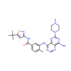 Cc1ccc(C(=O)Nc2cc(C(C)(C)C)on2)cc1Nc1ncnc2c(N)nc(N3CCN(C)CC3)nc12 ZINC000148029201