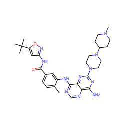 Cc1ccc(C(=O)Nc2cc(C(C)(C)C)on2)cc1Nc1ncnc2c(N)nc(N3CCN(C4CCN(C)CC4)CC3)nc12 ZINC000148029499