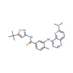 Cc1ccc(C(=O)Nc2cc(C(C)(C)C)on2)cc1Nc1ncnc2ccc(N(C)C)nc12 ZINC000096175729