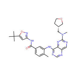 Cc1ccc(C(=O)Nc2cc(C(C)(C)C)on2)cc1Nc1ncnc2cnc(N(C)C[C@@H]3CCOC3)nc12 ZINC000148261624