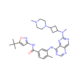 Cc1ccc(C(=O)Nc2cc(C(C)(C)C)on2)cc1Nc1ncnc2cnc(N(C)C3CC(N4CCN(C)CC4)C3)nc12 ZINC000148373152
