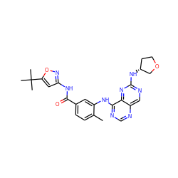 Cc1ccc(C(=O)Nc2cc(C(C)(C)C)on2)cc1Nc1ncnc2cnc(N[C@@H]3CCOC3)nc12 ZINC000148259521