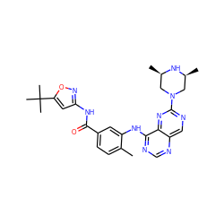 Cc1ccc(C(=O)Nc2cc(C(C)(C)C)on2)cc1Nc1ncnc2cnc(N3C[C@H](C)N[C@H](C)C3)nc12 ZINC000148324588