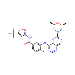 Cc1ccc(C(=O)Nc2cc(C(C)(C)C)on2)cc1Nc1ncnc2cnc(N3C[C@H](C)O[C@H](C)C3)nc12 ZINC000148265783
