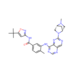 Cc1ccc(C(=O)Nc2cc(C(C)(C)C)on2)cc1Nc1ncnc2cnc(N3C[C@H]4C[C@@H]3CN4C)nc12 ZINC000148325746