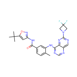 Cc1ccc(C(=O)Nc2cc(C(C)(C)C)on2)cc1Nc1ncnc2cnc(N3CC(F)(F)C3)nc12 ZINC000148265038