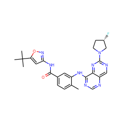 Cc1ccc(C(=O)Nc2cc(C(C)(C)C)on2)cc1Nc1ncnc2cnc(N3CC[C@H](F)C3)nc12 ZINC000148285254
