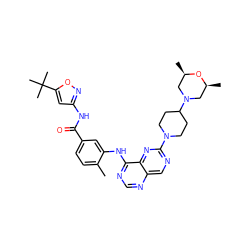 Cc1ccc(C(=O)Nc2cc(C(C)(C)C)on2)cc1Nc1ncnc2cnc(N3CCC(N4C[C@H](C)O[C@H](C)C4)CC3)nc12 ZINC000148317990