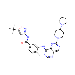 Cc1ccc(C(=O)Nc2cc(C(C)(C)C)on2)cc1Nc1ncnc2cnc(N3CCC(N4CCCC4)CC3)nc12 ZINC000148320580
