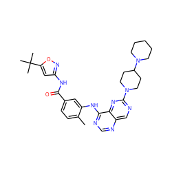Cc1ccc(C(=O)Nc2cc(C(C)(C)C)on2)cc1Nc1ncnc2cnc(N3CCC(N4CCCCC4)CC3)nc12 ZINC000148317093