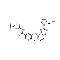 Cc1ccc(C(=O)Nc2cc(C(C)(C)C)on2)cc1Nc1ncnc2cnc(N3CCC[C@H]3CO)nc12 ZINC000148263820