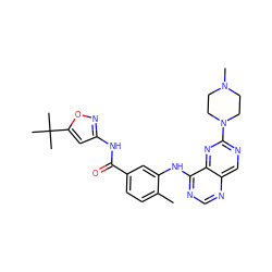 Cc1ccc(C(=O)Nc2cc(C(C)(C)C)on2)cc1Nc1ncnc2cnc(N3CCN(C)CC3)nc12 ZINC000148328492