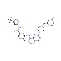 Cc1ccc(C(=O)Nc2cc(C(C)(C)C)on2)cc1Nc1ncnc2cnc(N3CCN(C[C@@H]4CCCN(C)C4)CC3)nc12 ZINC000148316361