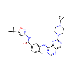 Cc1ccc(C(=O)Nc2cc(C(C)(C)C)on2)cc1Nc1ncnc2cnc(N3CCN(C4CC4)CC3)nc12 ZINC000148323155