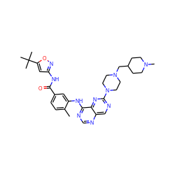 Cc1ccc(C(=O)Nc2cc(C(C)(C)C)on2)cc1Nc1ncnc2cnc(N3CCN(CC4CCN(C)CC4)CC3)nc12 ZINC000148290223