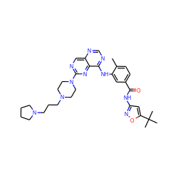 Cc1ccc(C(=O)Nc2cc(C(C)(C)C)on2)cc1Nc1ncnc2cnc(N3CCN(CCCN4CCCC4)CC3)nc12 ZINC000148315345