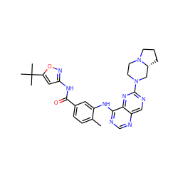 Cc1ccc(C(=O)Nc2cc(C(C)(C)C)on2)cc1Nc1ncnc2cnc(N3CCN4CCC[C@@H]4C3)nc12 ZINC000148316811