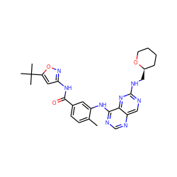 Cc1ccc(C(=O)Nc2cc(C(C)(C)C)on2)cc1Nc1ncnc2cnc(NC[C@@H]3CCCCO3)nc12 ZINC000148262114