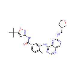 Cc1ccc(C(=O)Nc2cc(C(C)(C)C)on2)cc1Nc1ncnc2cnc(NC[C@@H]3CCOC3)nc12 ZINC000148260659