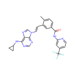 Cc1ccc(C(=O)Nc2cc(C(F)(F)F)ccn2)cc1/C=C/n1cnc2c(NC3CC3)ncnc21 ZINC000043058954