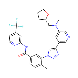 Cc1ccc(C(=O)Nc2cc(C(F)(F)F)ccn2)cc1-n1cc(-c2cncc(N(C)C[C@@H]3CCCO3)c2)nn1 ZINC000199376070