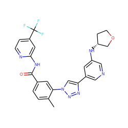 Cc1ccc(C(=O)Nc2cc(C(F)(F)F)ccn2)cc1-n1cc(-c2cncc(N[C@@H]3CCOC3)c2)nn1 ZINC000224291256
