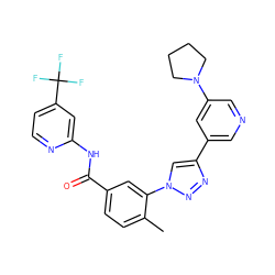 Cc1ccc(C(=O)Nc2cc(C(F)(F)F)ccn2)cc1-n1cc(-c2cncc(N3CCCC3)c2)nn1 ZINC000199380226