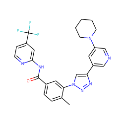 Cc1ccc(C(=O)Nc2cc(C(F)(F)F)ccn2)cc1-n1cc(-c2cncc(N3CCCCC3)c2)nn1 ZINC000199377581