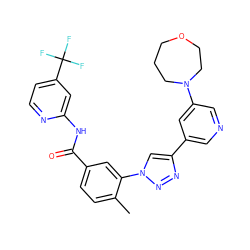 Cc1ccc(C(=O)Nc2cc(C(F)(F)F)ccn2)cc1-n1cc(-c2cncc(N3CCCOCC3)c2)nn1 ZINC000224290261
