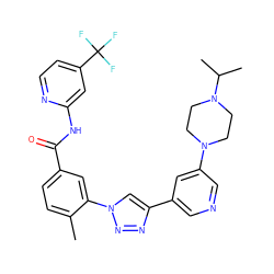 Cc1ccc(C(=O)Nc2cc(C(F)(F)F)ccn2)cc1-n1cc(-c2cncc(N3CCN(C(C)C)CC3)c2)nn1 ZINC000224295402
