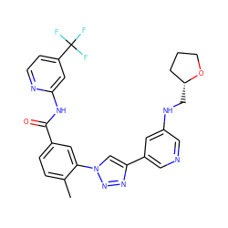 Cc1ccc(C(=O)Nc2cc(C(F)(F)F)ccn2)cc1-n1cc(-c2cncc(NC[C@@H]3CCCO3)c2)nn1 ZINC000224257480