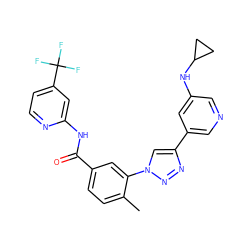 Cc1ccc(C(=O)Nc2cc(C(F)(F)F)ccn2)cc1-n1cc(-c2cncc(NC3CC3)c2)nn1 ZINC000199377604