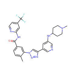 Cc1ccc(C(=O)Nc2cc(C(F)(F)F)ccn2)cc1-n1cc(-c2cncc(NC3CCN(C)CC3)c2)nn1 ZINC000199378885