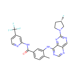 Cc1ccc(C(=O)Nc2cc(C(F)(F)F)ccn2)cc1Nc1ncnc2cnc(N3CC[C@H](F)C3)nc12 ZINC000148252378